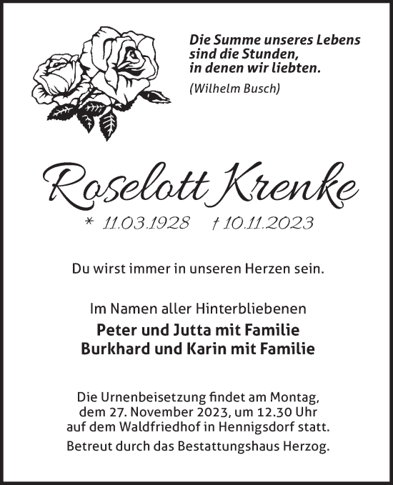 Traueranzeige von Roselott Krenke von Märkische Oderzeitung