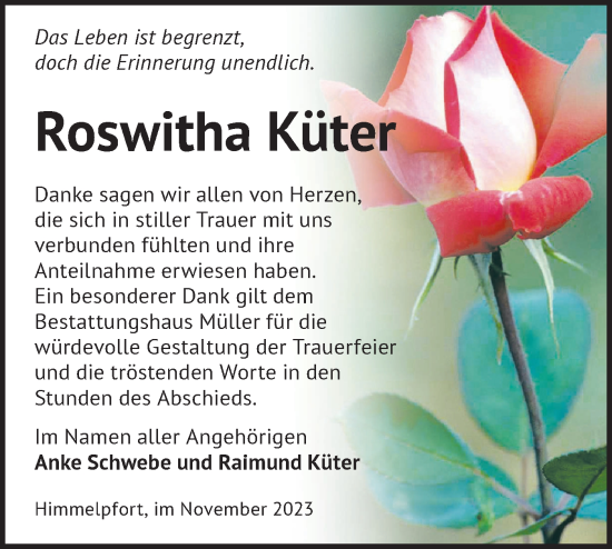 Traueranzeige von Roswitha Küter von Märkische Oderzeitung