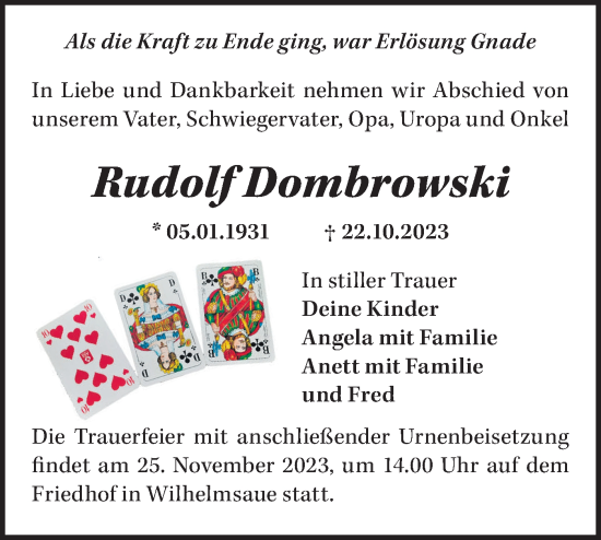 Traueranzeige von Rudolf Dombrowski von Märkische Oderzeitung