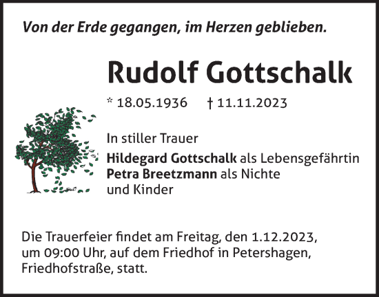 Traueranzeige von Rudolf Gottschalk von Märkische Oderzeitung