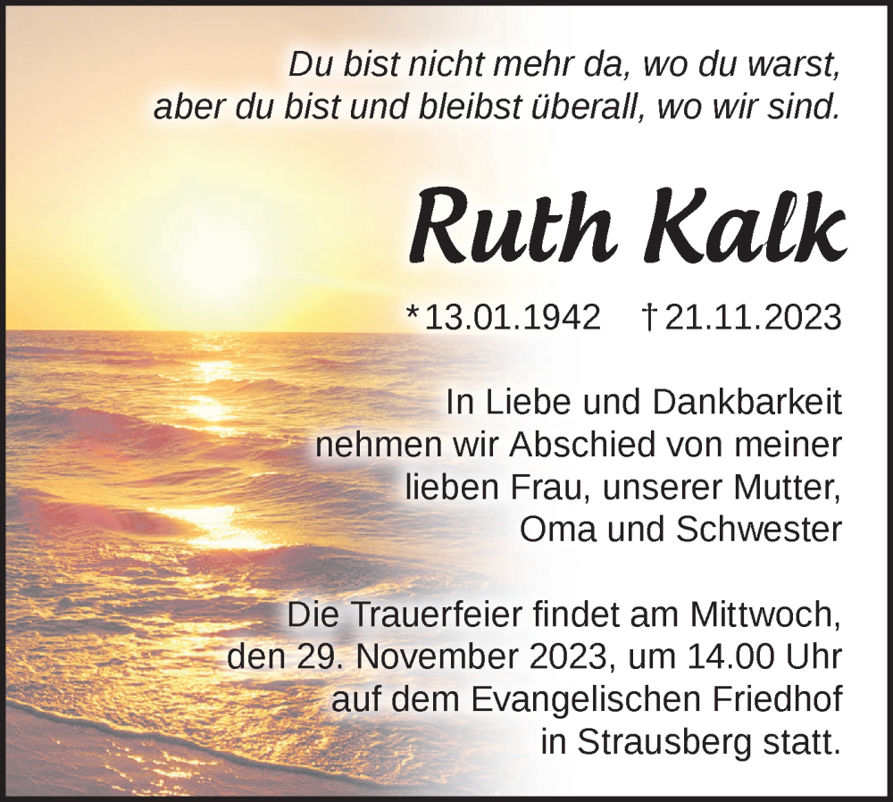  Traueranzeige für Ruth Kalk vom 25.11.2023 aus Märkische Oderzeitung