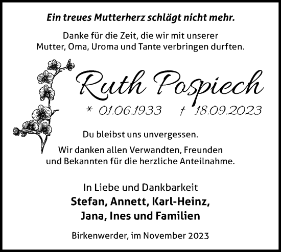 Traueranzeige von Ruth Pospiech von Märkische Oderzeitung