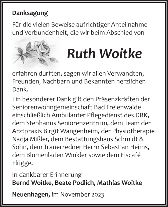 Traueranzeige von Ruth Woitke von Märkische Oderzeitung