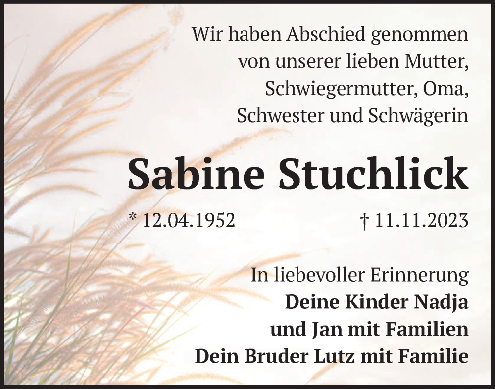  Traueranzeige für Sabine Stuchlick vom 25.11.2023 aus Märkische Oderzeitung