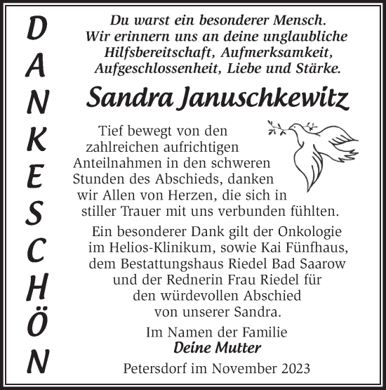 Traueranzeige von Sandra Januschkewitz von Märkische Oderzeitung