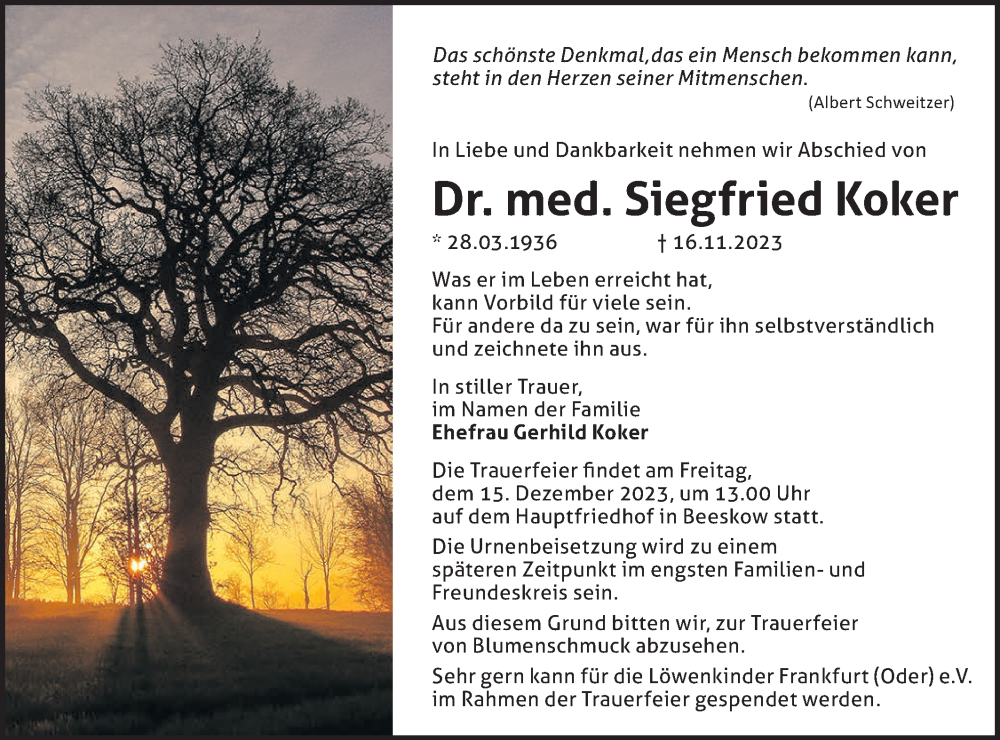 Traueranzeige für Siegfried Koker vom 25.11.2023 aus Märkische Oderzeitung