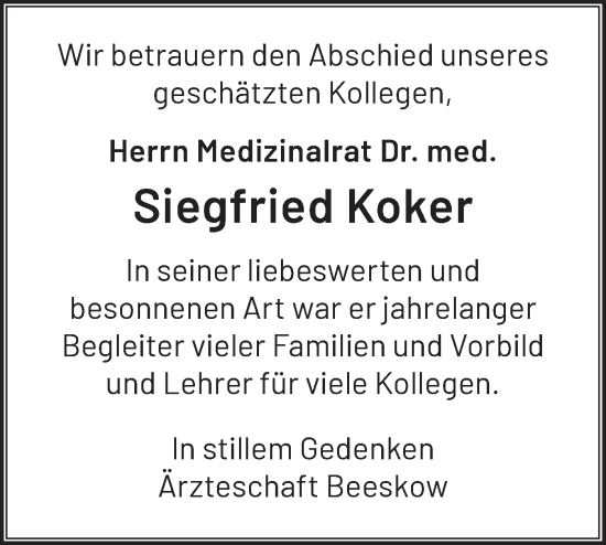 Traueranzeige von Siegfried Koker von Märkische Oderzeitung