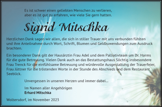 Traueranzeige von Sigrid Mitschka von Märkische Oderzeitung