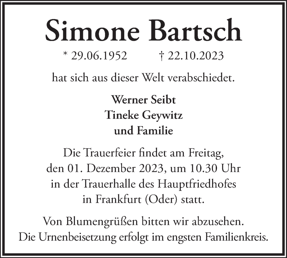  Traueranzeige für Simone Bartsch vom 25.11.2023 aus Märkische Oderzeitung