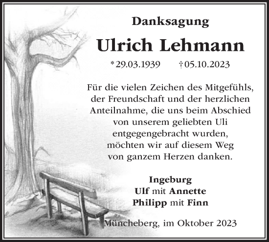 Traueranzeige von Ulrich Lehmann von Märkische Oderzeitung