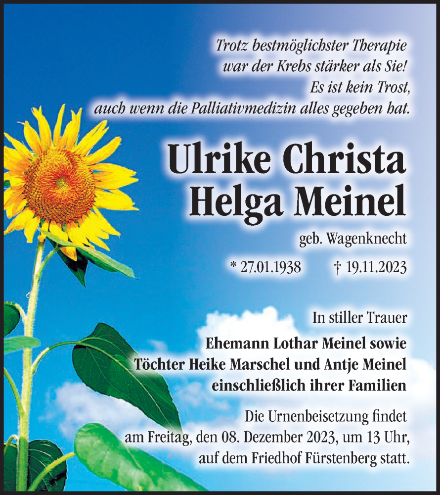  Traueranzeige für Ulrike Christa Helga Meinel vom 25.11.2023 aus Märkische Oderzeitung