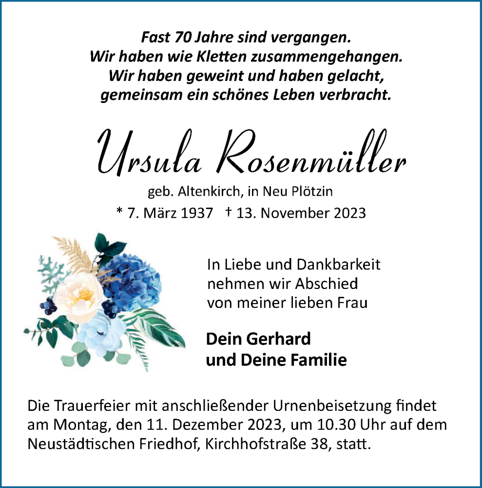  Traueranzeige für Ursula Rosenmüller vom 25.11.2023 aus Märkische Oderzeitung