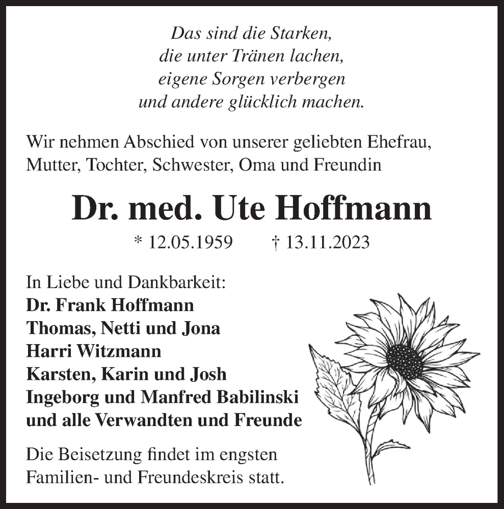  Traueranzeige für Ute Hoffmann vom 25.11.2023 aus Märkische Oderzeitung