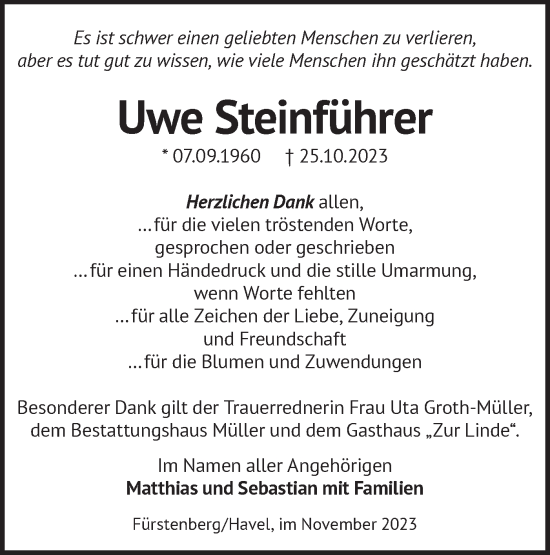 Traueranzeige von Uwe Steinführer von Märkische Oderzeitung