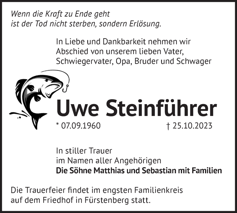  Traueranzeige für Uwe Steinführer vom 01.11.2023 aus Märkische Oderzeitung