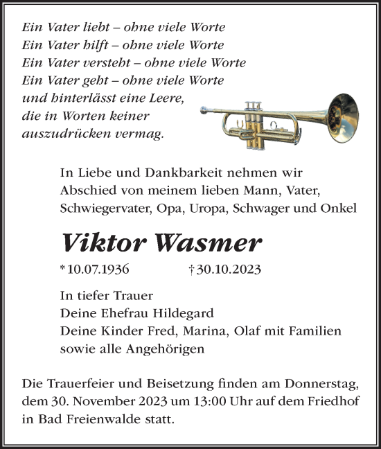 Traueranzeige von Viktor Wasmer von Märkische Oderzeitung