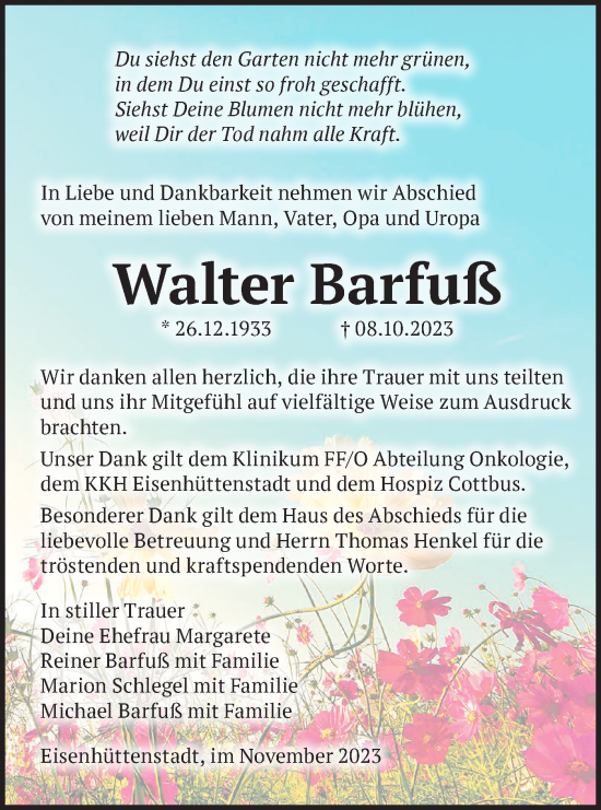 Traueranzeige von Walter Barfuß von Märkische Oderzeitung