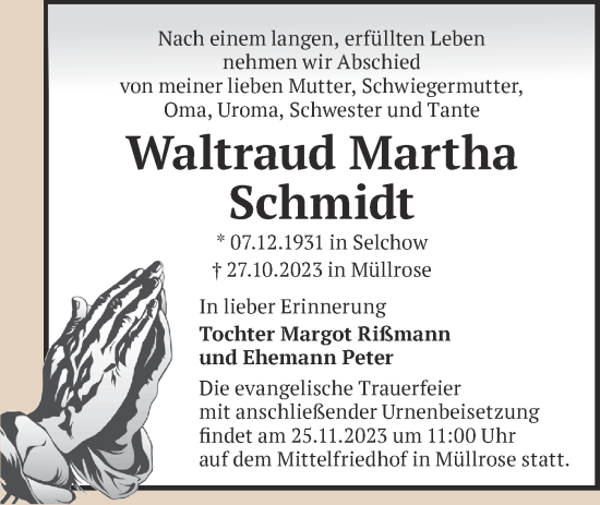 Traueranzeige von Waltraud Schmidt von Märkische Oderzeitung