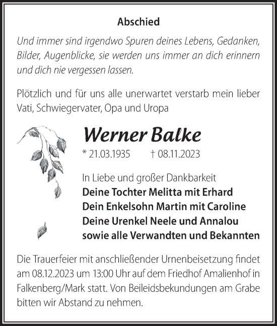 Traueranzeige von Werner Balke von Märkische Oderzeitung