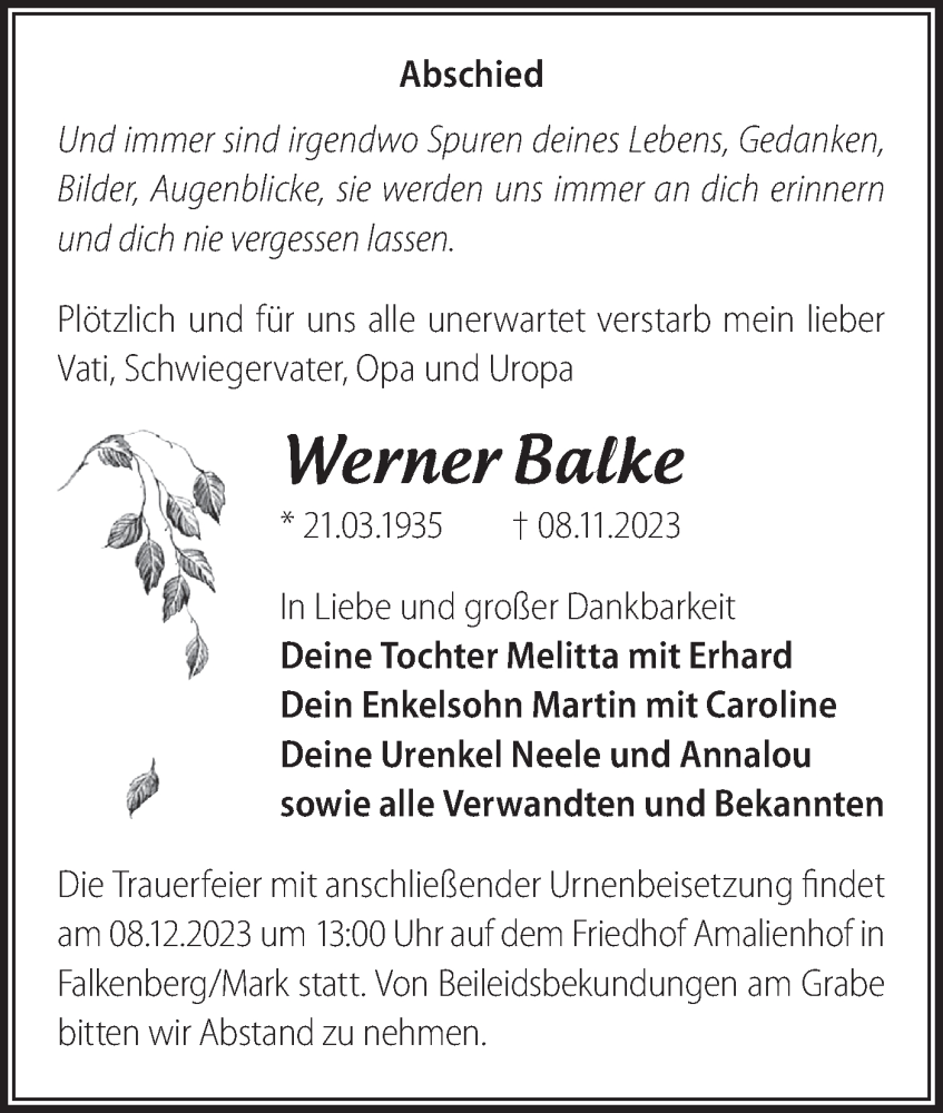  Traueranzeige für Werner Balke vom 25.11.2023 aus Märkische Oderzeitung