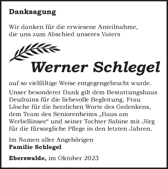 Traueranzeige von Werner Schlegel von Märkische Oderzeitung