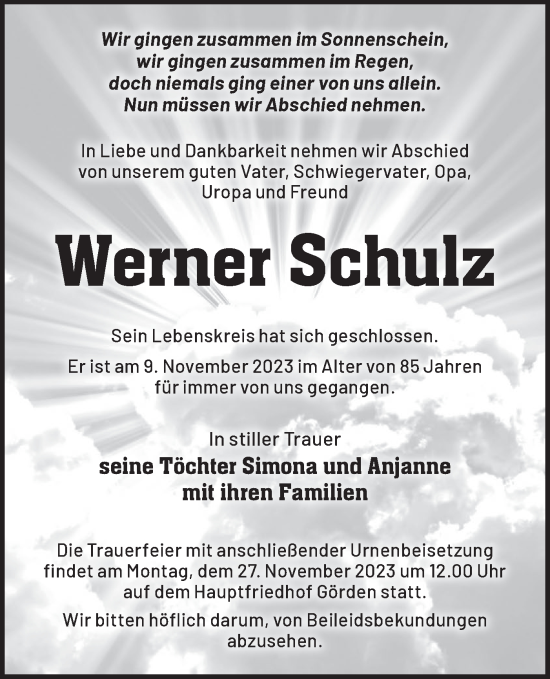 Traueranzeige von Werner Schulz von Märkische Oderzeitung