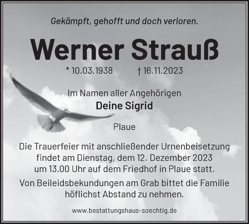  Traueranzeige für Werner Strauß vom 25.11.2023 aus Märkische Oderzeitung
