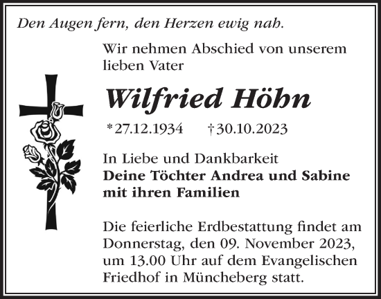 Traueranzeige von Wilfried Höhn von Märkische Oderzeitung