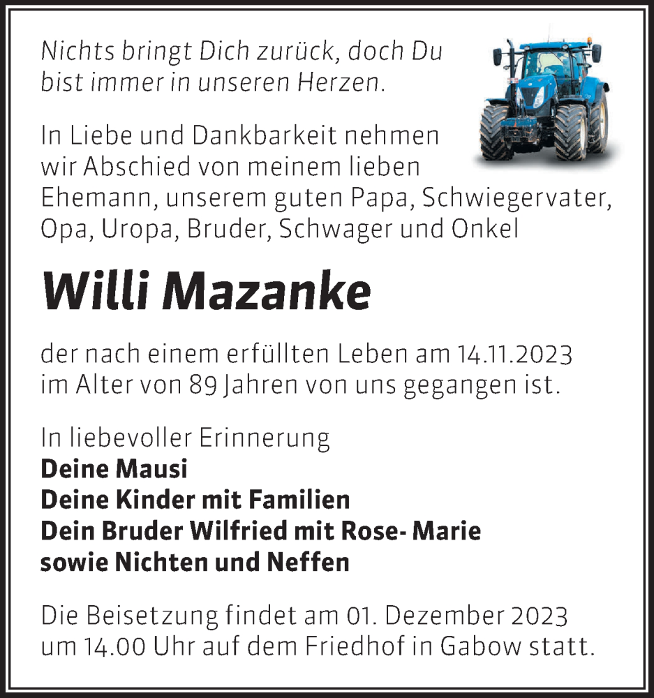  Traueranzeige für Willi Mazanke vom 25.11.2023 aus Märkische Oderzeitung