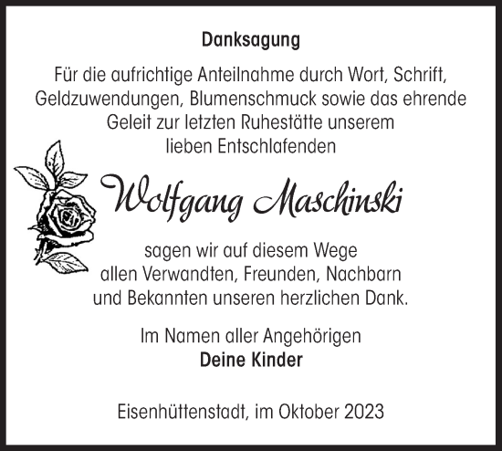 Traueranzeige von Wolfgang Maschinski von Märkische Oderzeitung