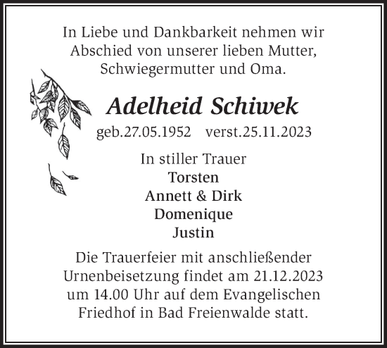 Traueranzeige von Adelheid Schiwek von Märkische Oderzeitung