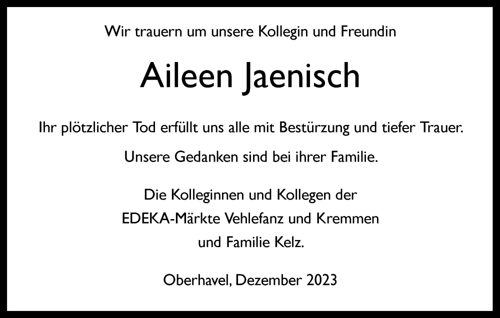  Traueranzeige für Aileen Jaenisch vom 21.12.2023 aus Märkische Oderzeitung