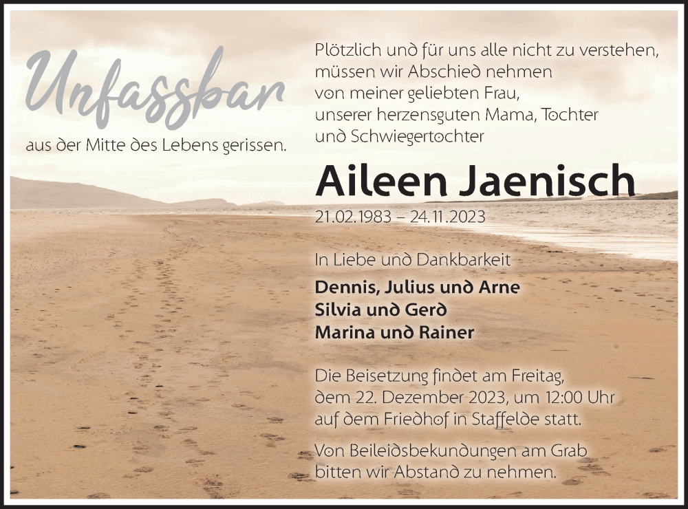  Traueranzeige für Aileen Jaenisch vom 16.12.2023 aus Märkische Oderzeitung