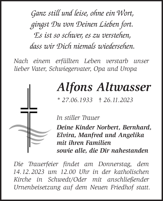 Traueranzeige von Alfons Altwasser von Märkische Oderzeitung