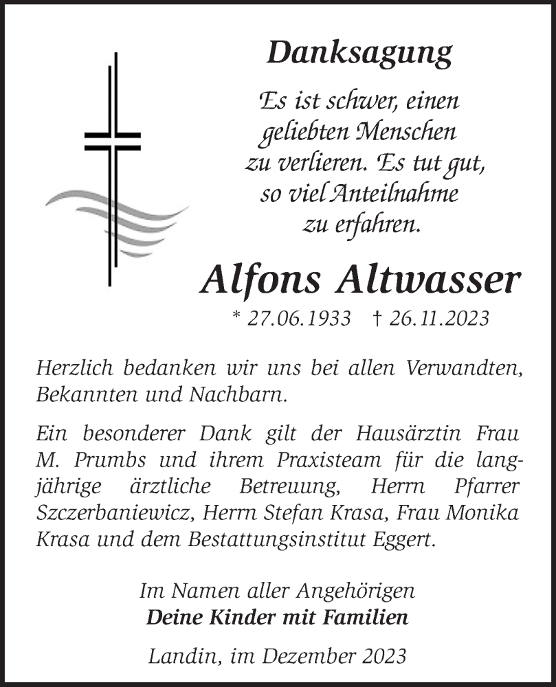  Traueranzeige für Alfons Altwasser vom 30.12.2023 aus Märkische Oderzeitung