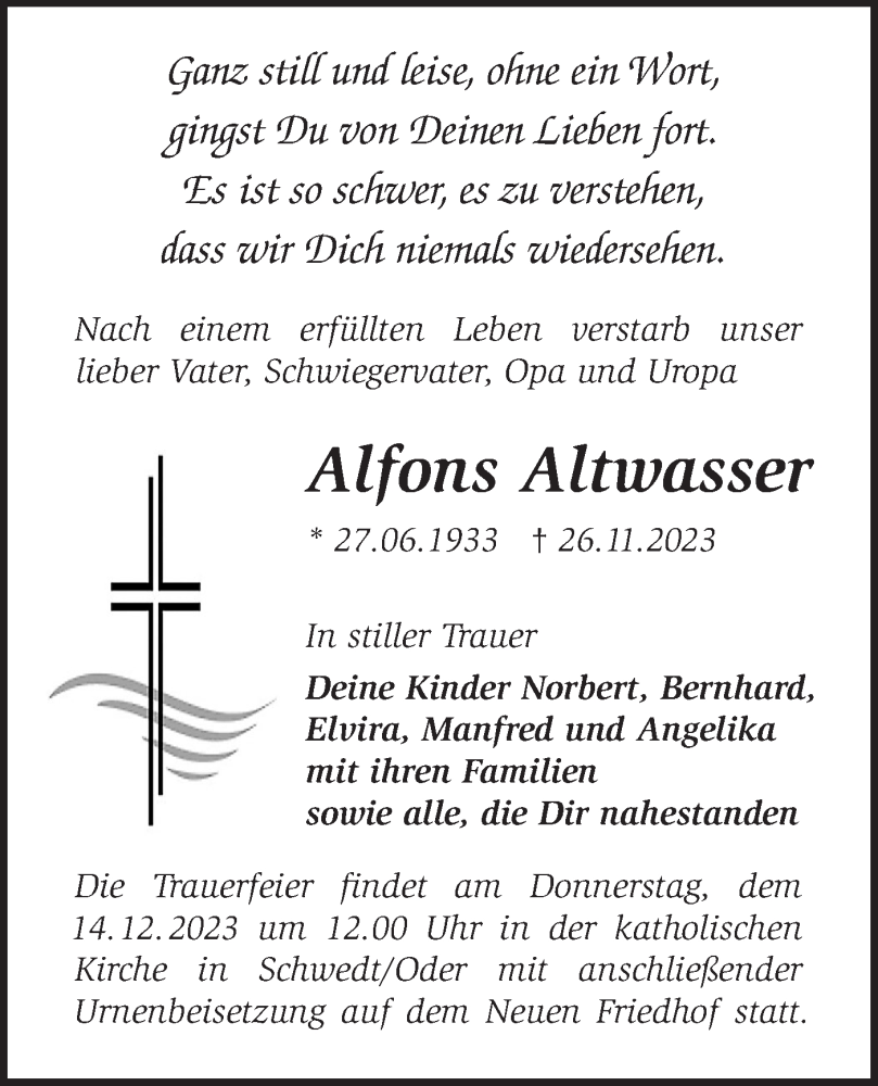  Traueranzeige für Alfons Altwasser vom 02.12.2023 aus Märkische Oderzeitung