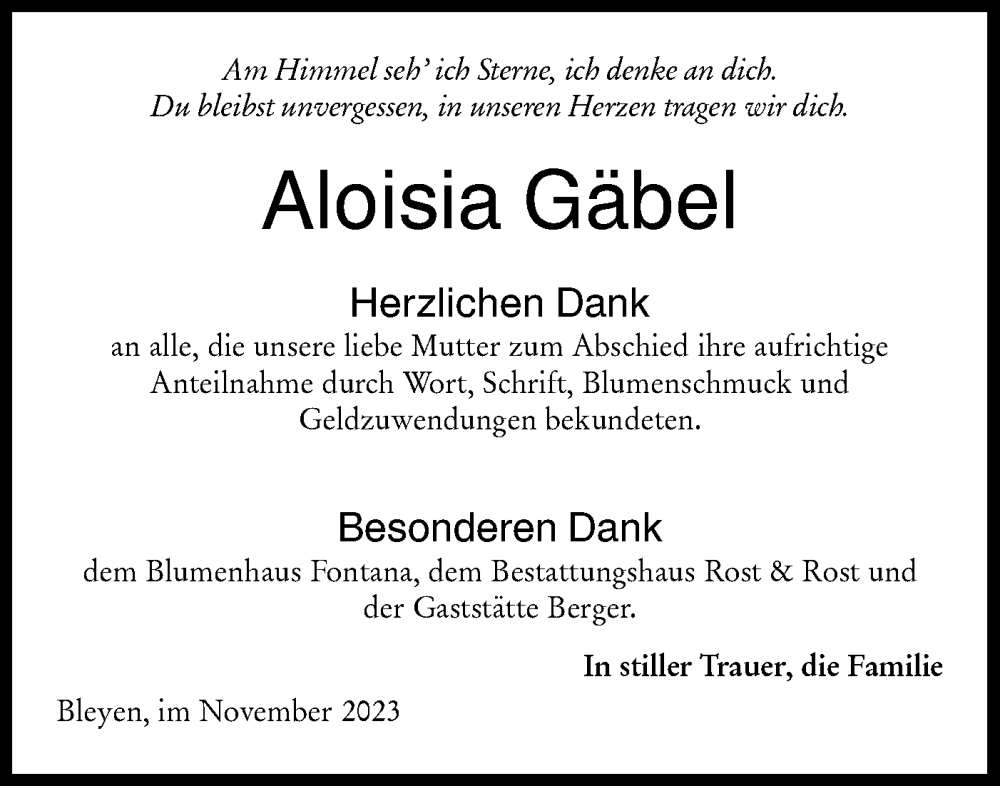  Traueranzeige für Aloisia Gäbel vom 09.12.2023 aus Märkische Oderzeitung