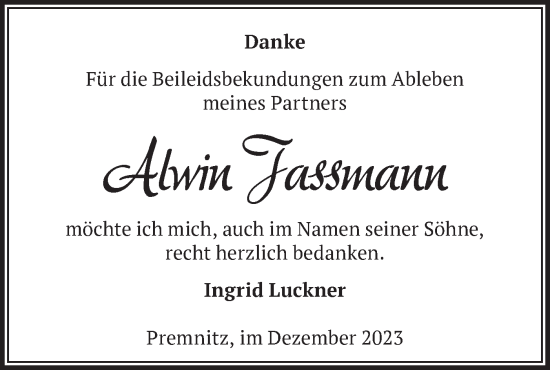 Traueranzeige von Alwin Jassmann von Märkische Oderzeitung