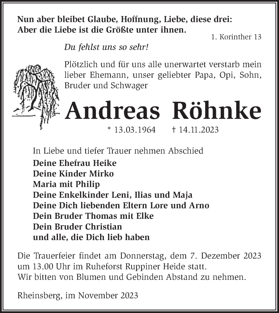  Traueranzeige für Andreas Röhnke vom 02.12.2023 aus Märkische Oderzeitung