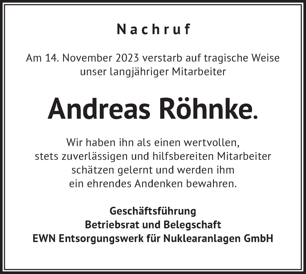  Traueranzeige für Andreas Röhnke vom 09.12.2023 aus Märkische Oderzeitung