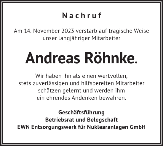 Traueranzeige von Andreas Röhnke von Märkische Oderzeitung