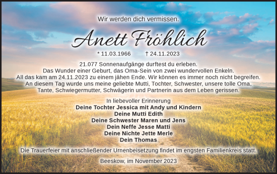 Traueranzeige von Anett Fröhlich von Märkische Oderzeitung