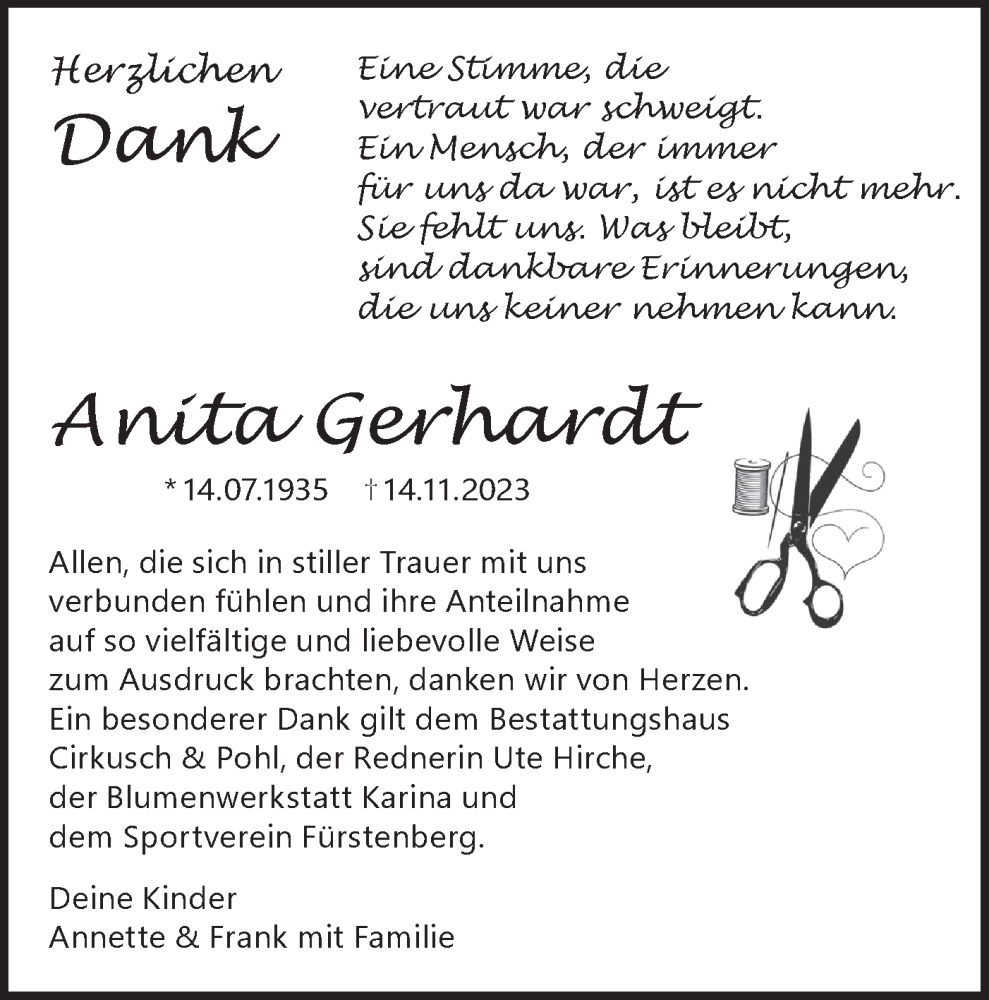  Traueranzeige für Anita Gerhardt vom 23.12.2023 aus Märkische Oderzeitung