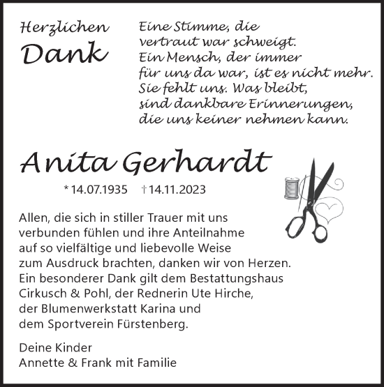 Traueranzeige von Anita Gerhardt von Märkische Oderzeitung