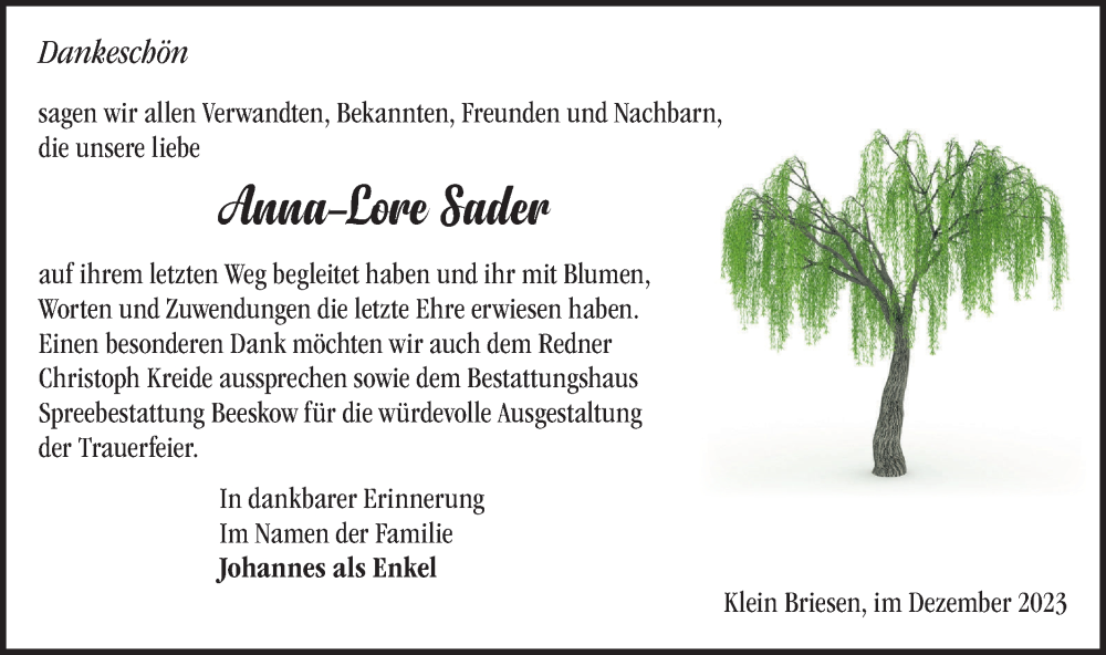  Traueranzeige für Anna-Lore Sader vom 23.12.2023 aus Märkische Oderzeitung