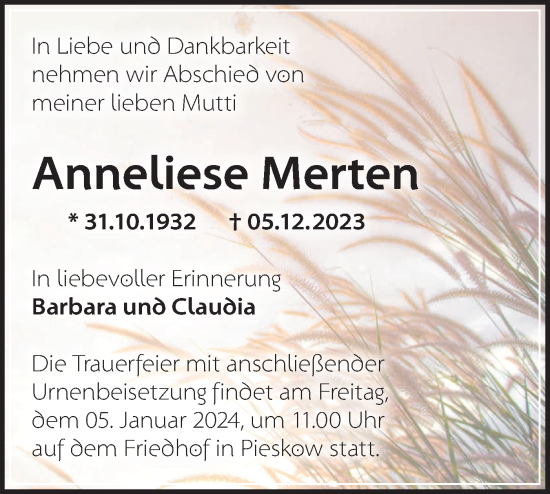 Traueranzeige von Anneliese Merten von Märkische Oderzeitung