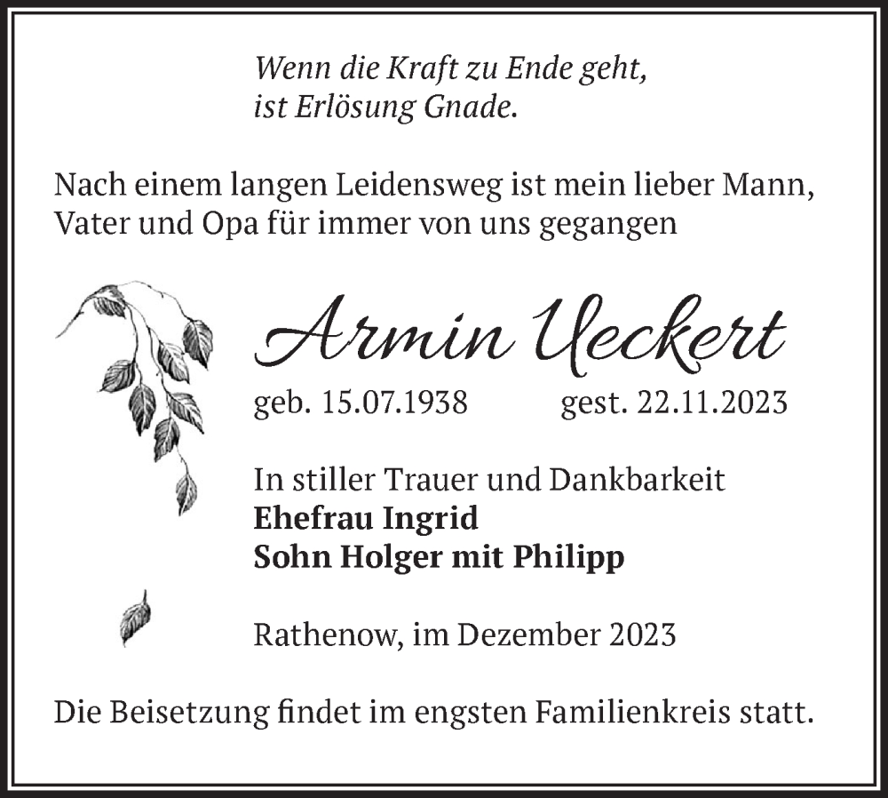  Traueranzeige für Armin Ueckert vom 02.12.2023 aus Märkische Oderzeitung