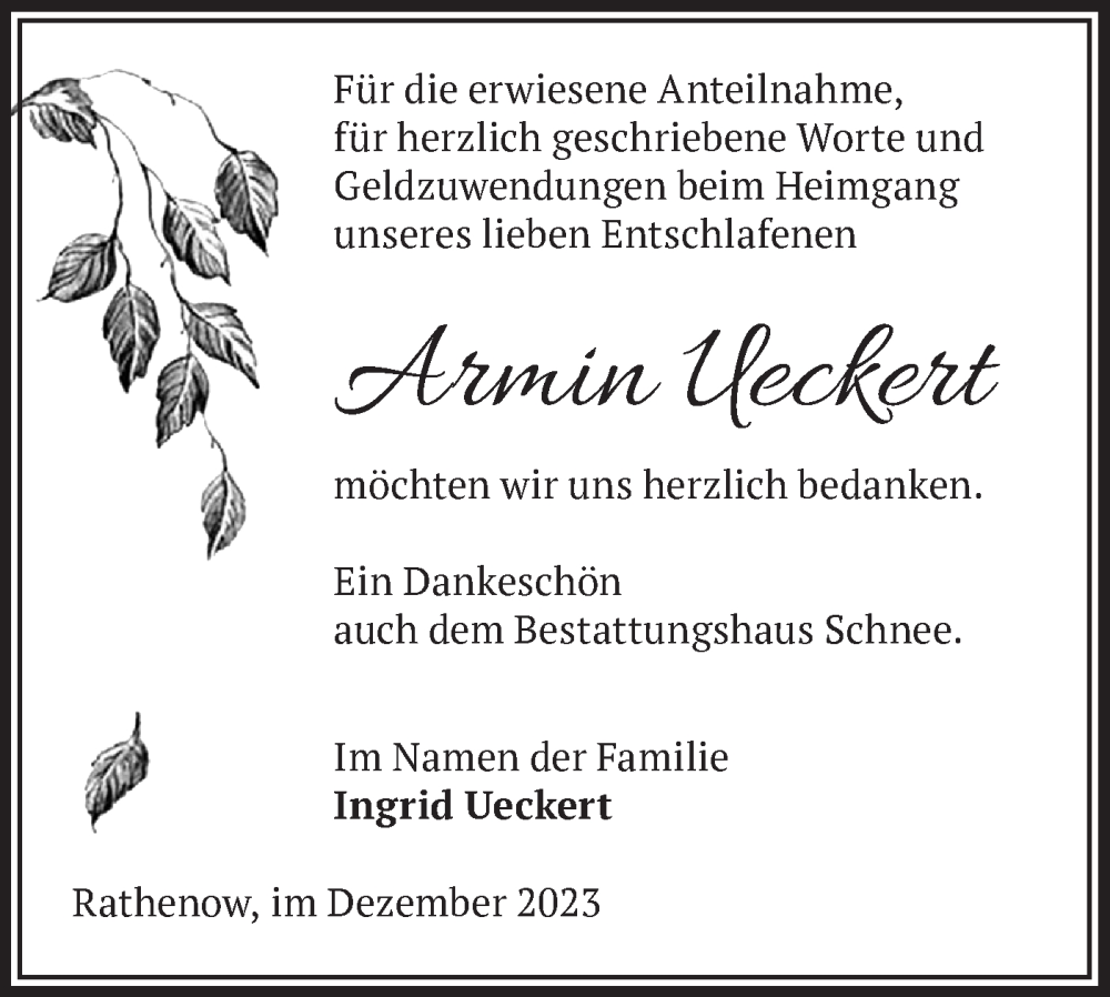 Traueranzeige für Armin Ueckert vom 16.12.2023 aus Märkische Oderzeitung