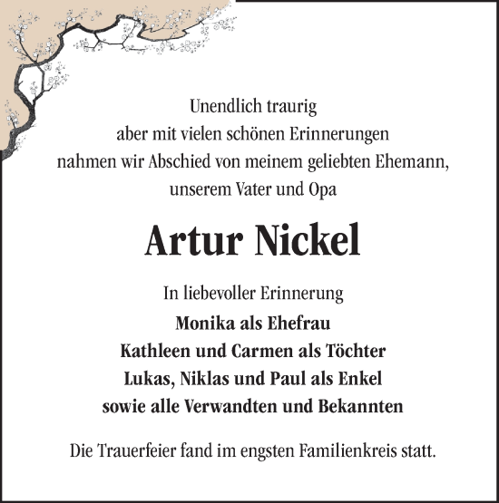 Traueranzeige von Artur Nickel von Märkische Oderzeitung