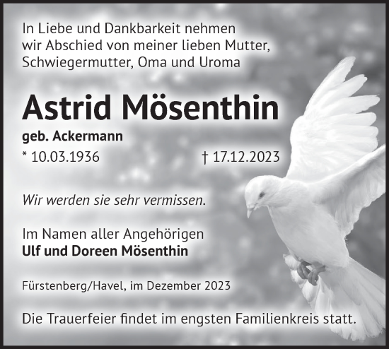 Traueranzeige von Astrid Mösenthin von Märkische Oderzeitung